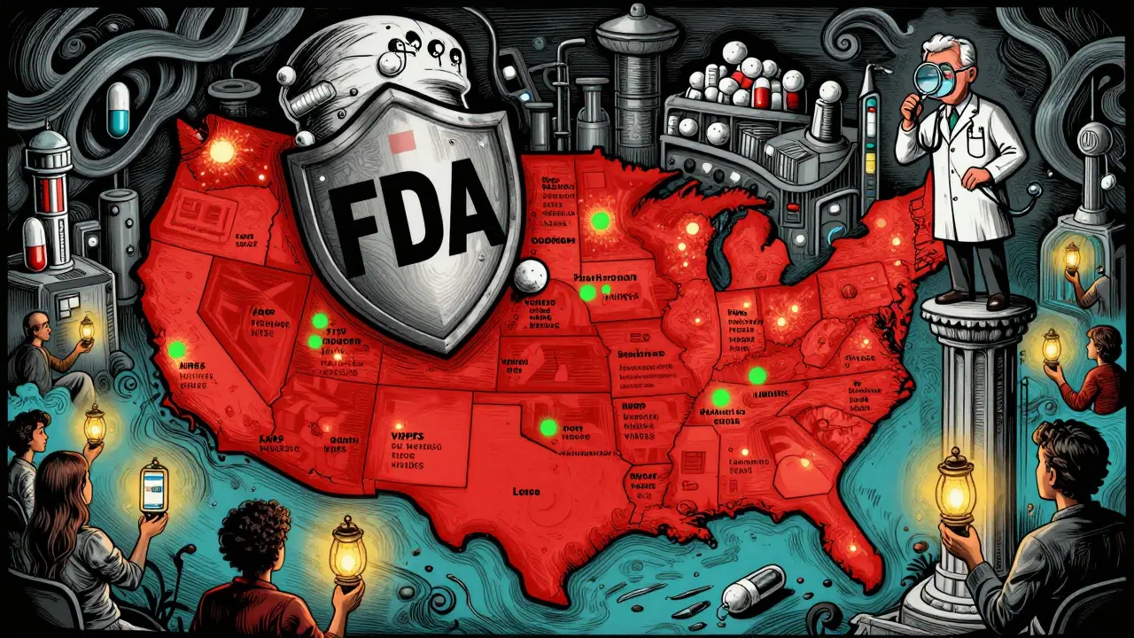A U.S. map showing verified pharmacies in green and fake ones in red, with an FDA shield crushing a counterfeit factory and a pharmacist on a blockchain pillar.