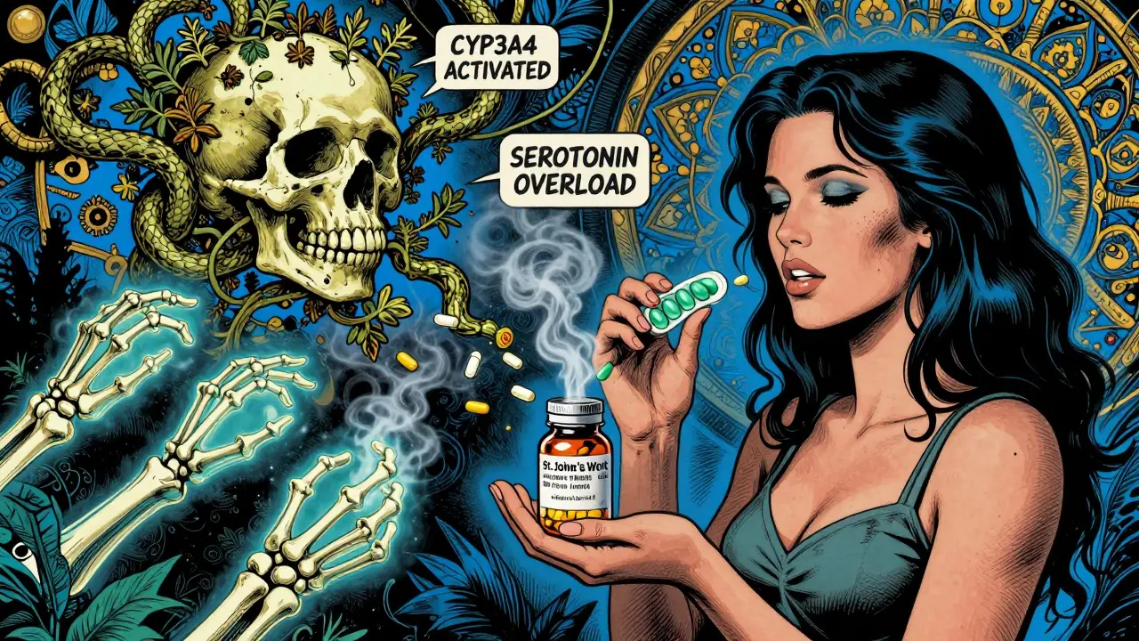 A woman watching her prescription pills dissolve as herbal supplements form a skull-shaped vine above her.