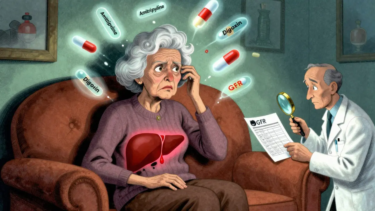 An elderly woman surrounded by floating pills causing confusion, with a pharmacist examining a kidney function chart in surreal cartoon style.