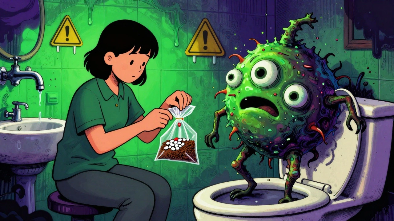 Caregiver mixing unused antibiotics with coffee grounds and kitty litter in sealed bag, superbug rising from toilet.