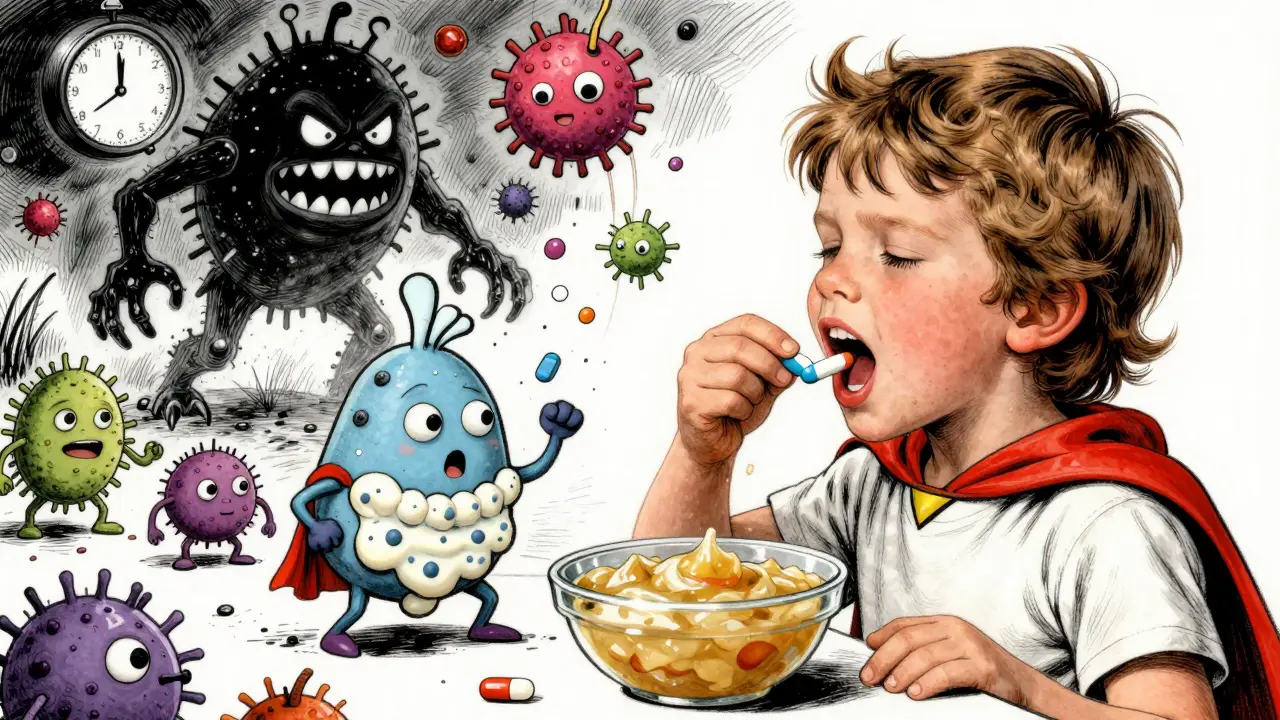 Child spitting out medicine as gut microbiome superhero saves good bacteria from antibiotic storm