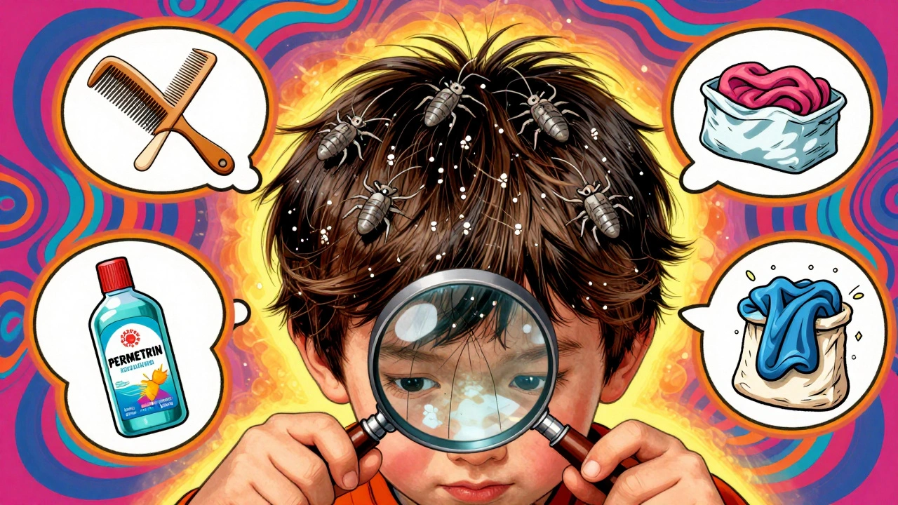 Child using a magnifying glass to examine lice and nits in hair, with treatment items floating nearby in psychedelic style.