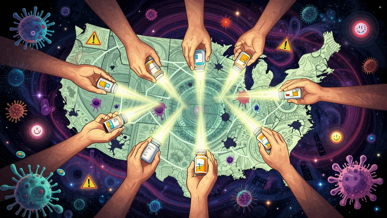 Connected hands across U.S. map releasing protective light against crumbling resistant bacteria, cosmic art style.