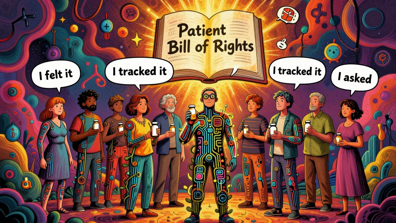 Diverse group holding medication bottles, bodies made of circuits and vines, book of patient rights glowing above.