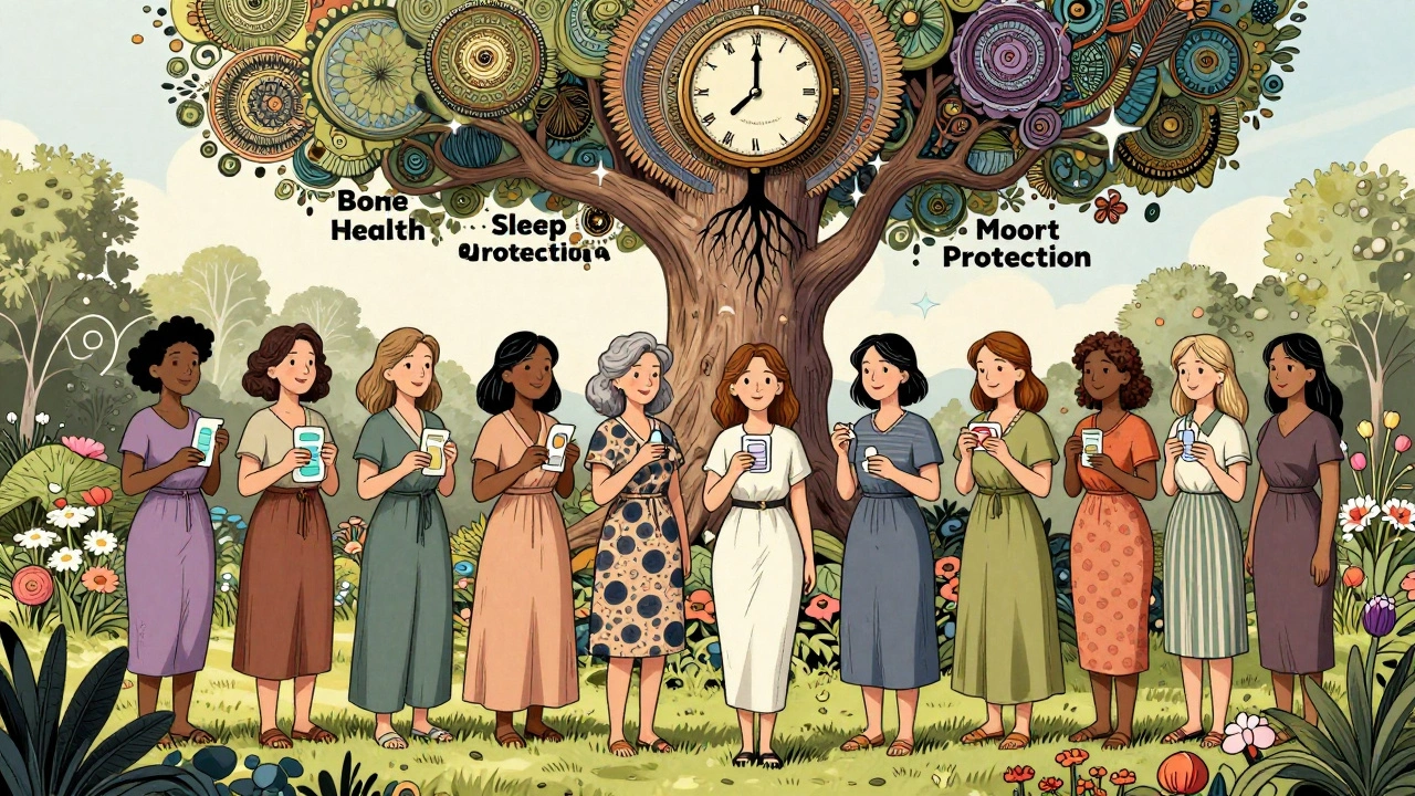 Diverse women hold different HRT forms in a garden, connected to a tree with branches representing health benefits, all under a clock symbolizing timely treatment.