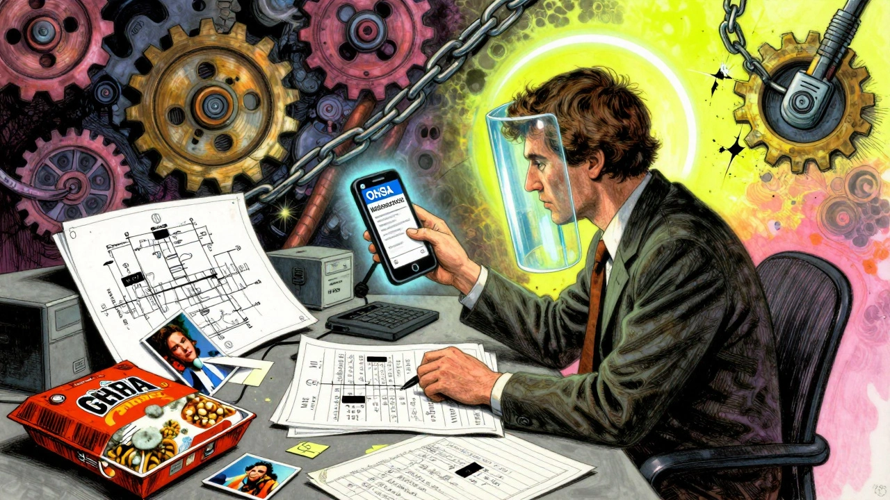 Employee documenting quality violations at desk, with surreal breaking chains and glowing OSHA portal in background.