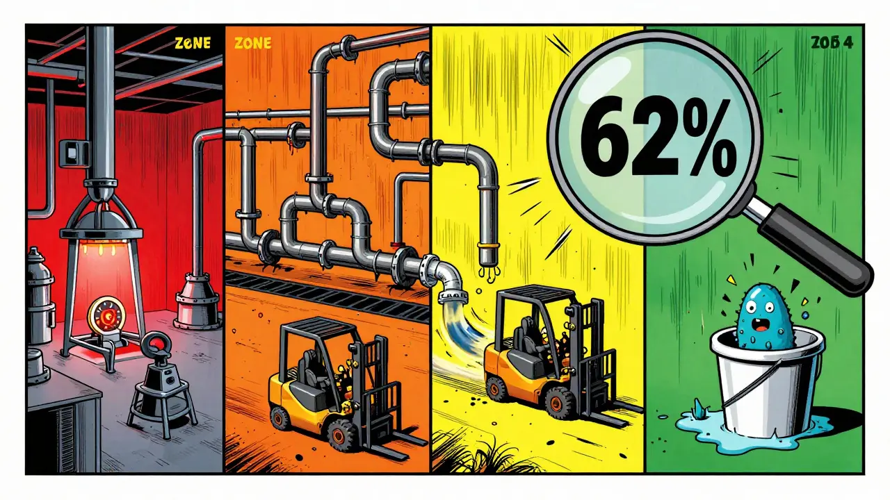 Factory floor divided into four colorful zones with bacteria spreading from drains and carts.