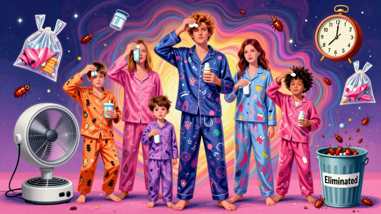 Family treating infestation together, surrounded by washing bags and clock, as parasites fall away in cosmic swirls.