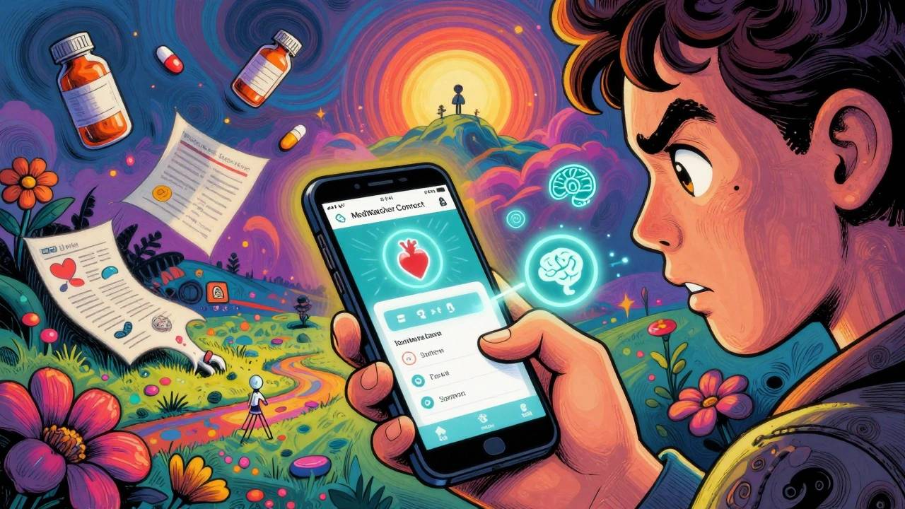 Hand logging side effects on smartphone with glowing health icons and surreal pill landscape in background.