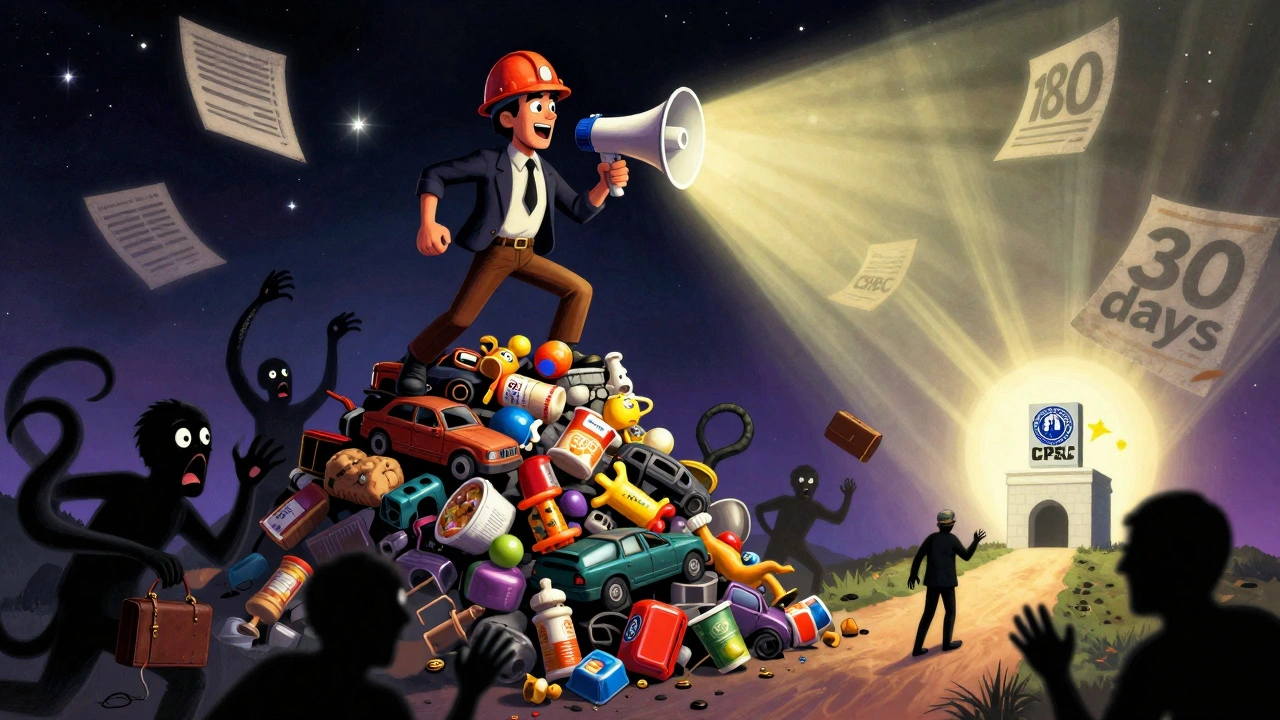 Hero in hard hat atop recalled products, megaphone in hand, corporate monsters recoiling under cosmic legal deadlines.
