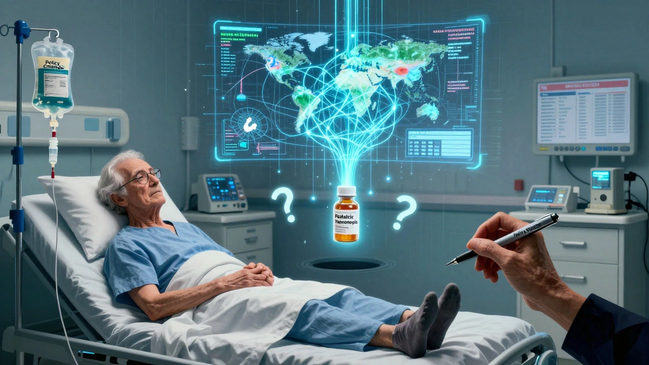 Hospital scene with empty IV bags and a floating AI system ignoring a critical pediatric drug.