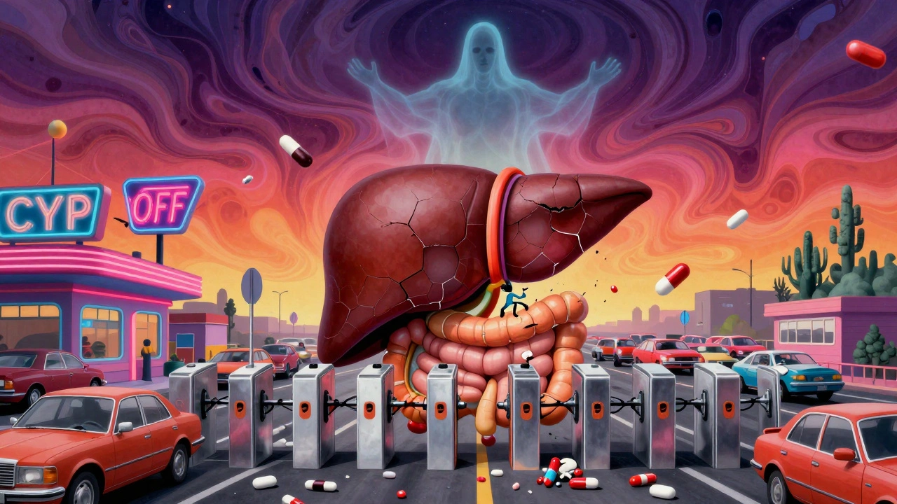 Human liver as a psychedelic diner with broken enzyme signs and jammed drug gates, in Rick Griffin&#039;s surreal style.