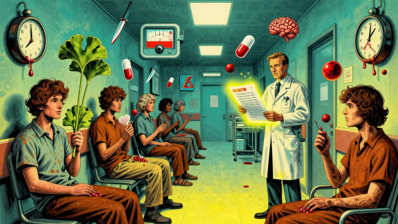 Patients in a surreal hospital corridor holding supplements that turn into bleeding weapons and melting clocks.