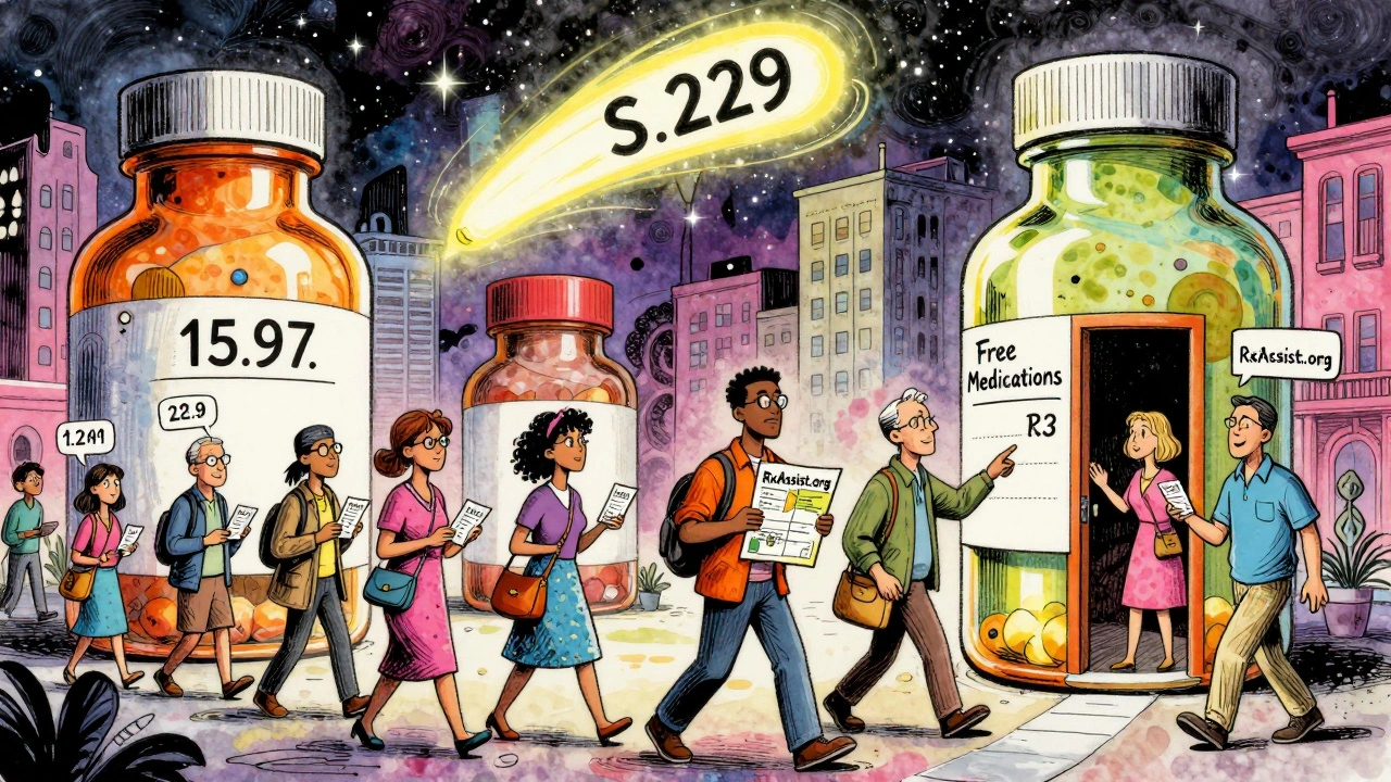 Patients walk through a surreal city of pill-shaped pharmacies, holding coupons and following a map to free meds.