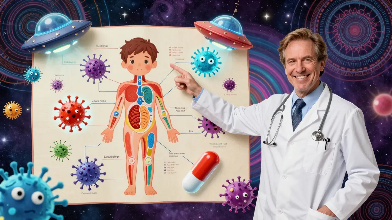 Pediatrician explaining antibiotic use with glowing bacteria and superhero drugs in psychedelic background