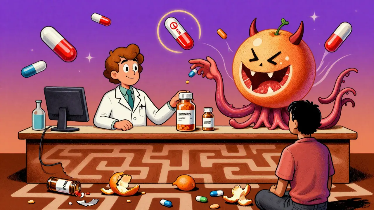 Pharmacy scene with a devilish grapefruit stealing sertraline pills, other SSRIs floating safely, all in psychedelic 70s comic style.