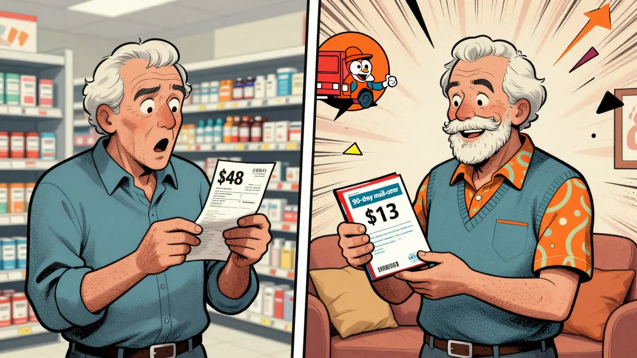 Retiree comparing a high retail bill to a low mail-order prescription cost in a split cartoon scene.