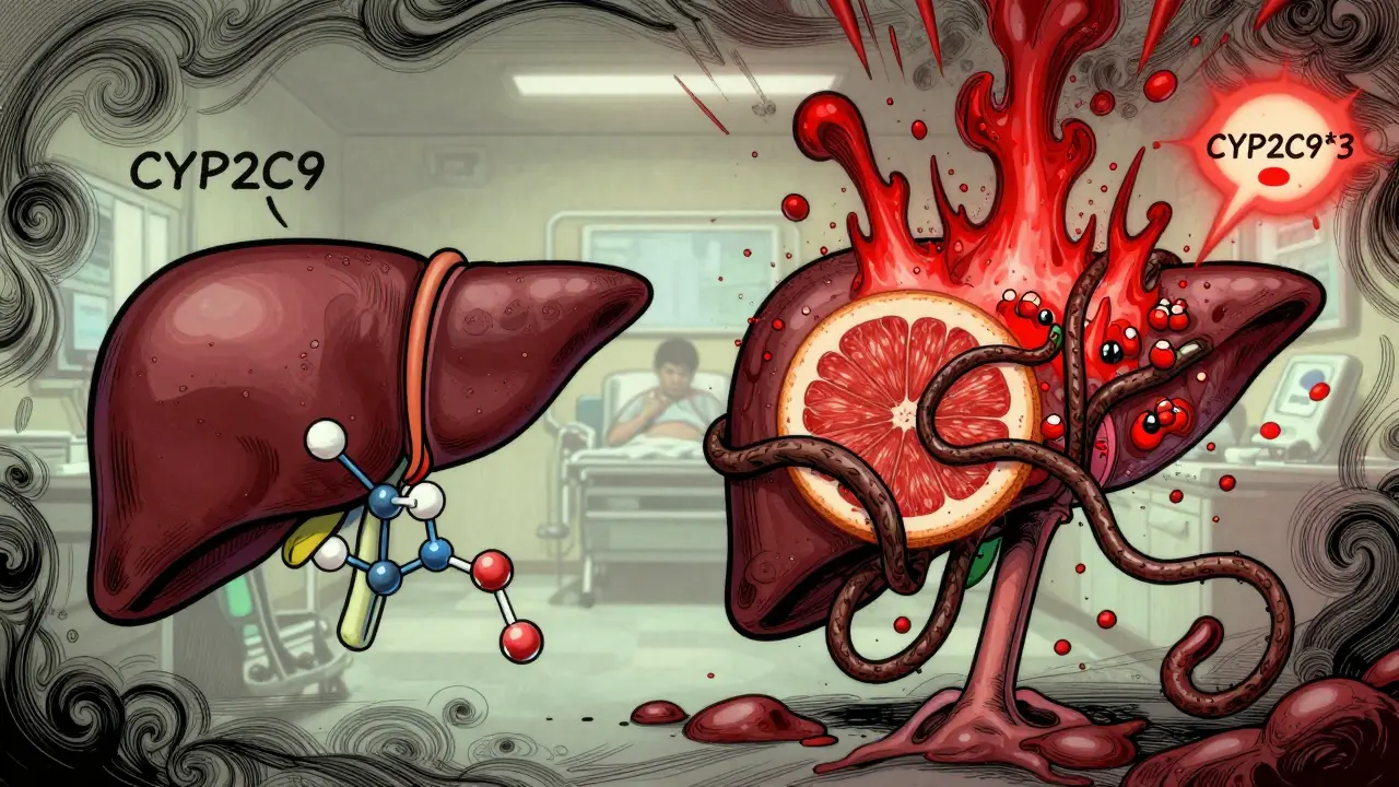 Split liver illustration: one side healthy, the other choked by grapefruit tendrils causing blood spikes and genetic warning signs.