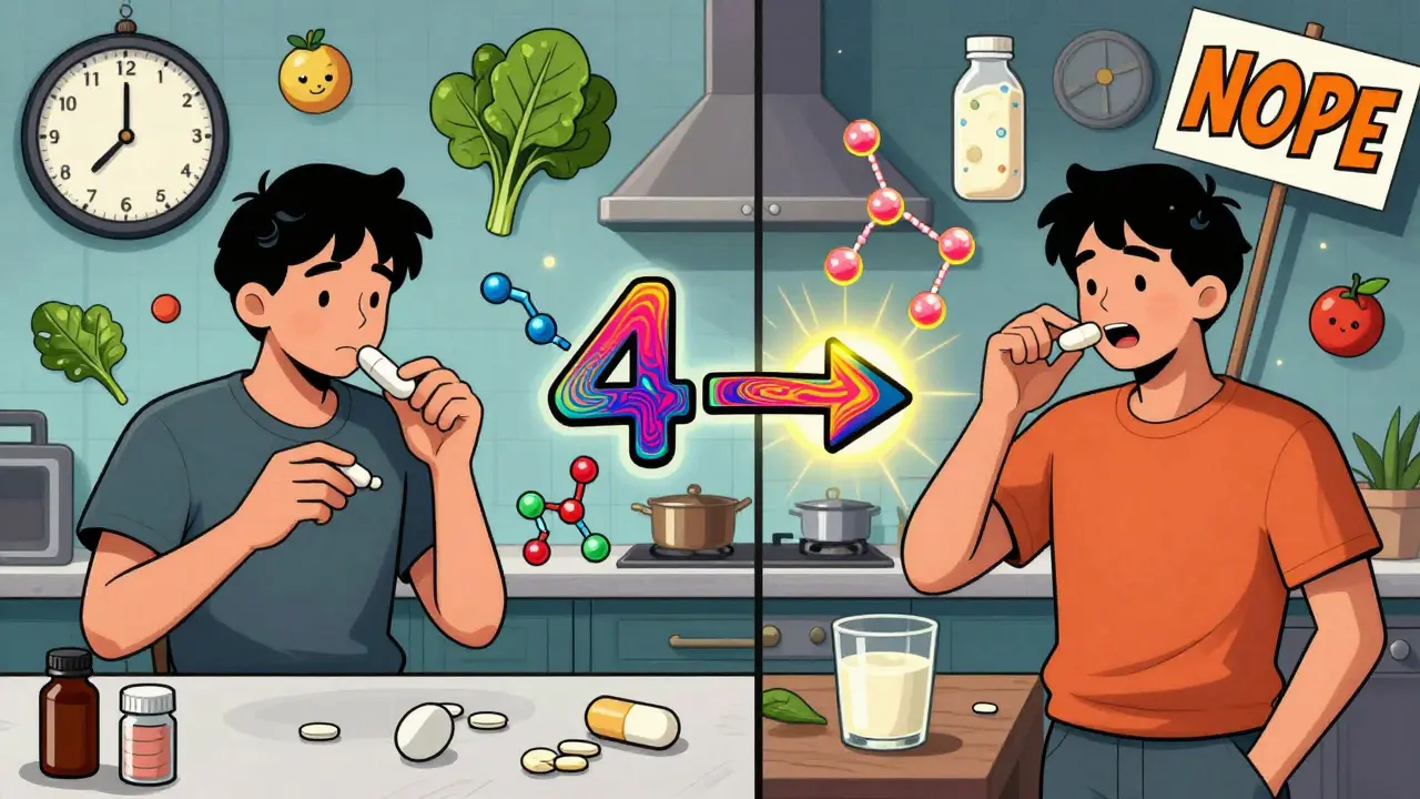 Split-screen kitchen scene showing thyroid medication taken at 6 a.m. and calcium taken 4 hours later with psychedelic time gap arrow.