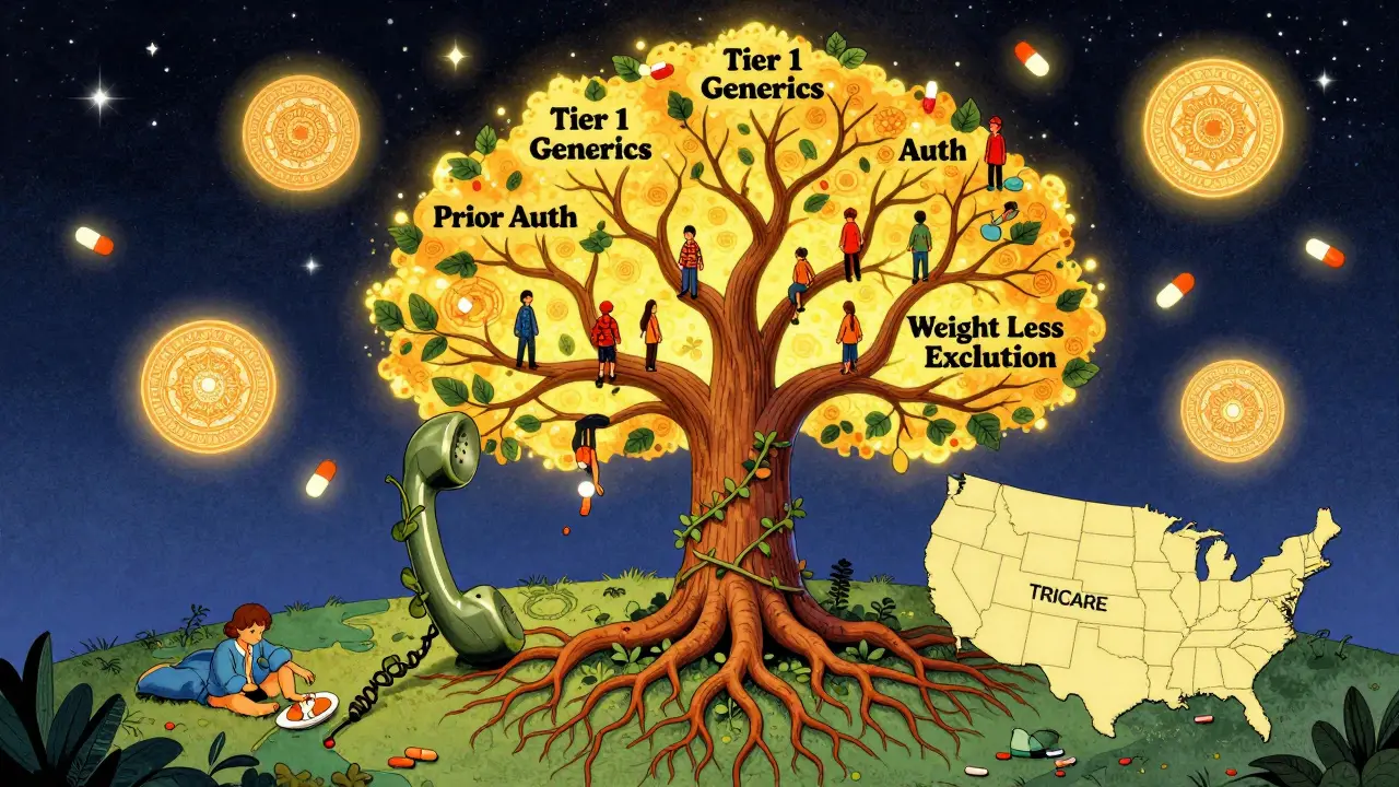 Surreal tree representing TRICARE formulary tiers with beneficiaries climbing branches under a starry sky.