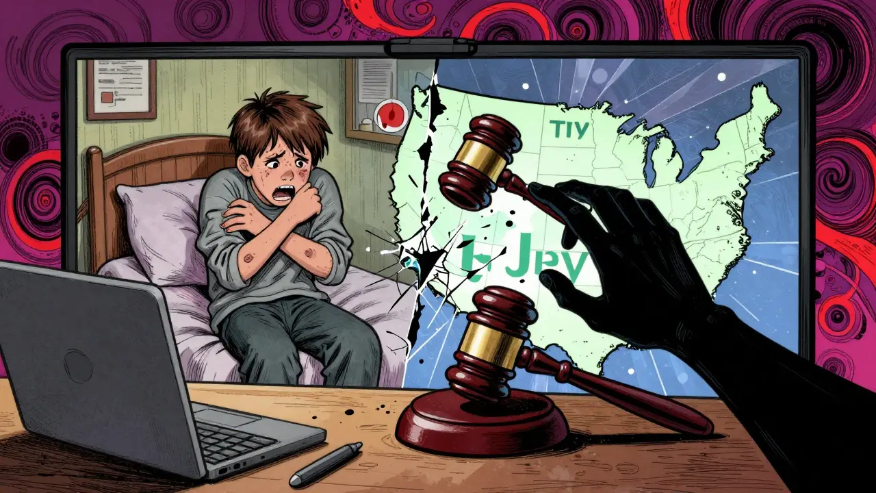 Telehealth doctor and teenager on screen, with legal gavel descending from a state map.