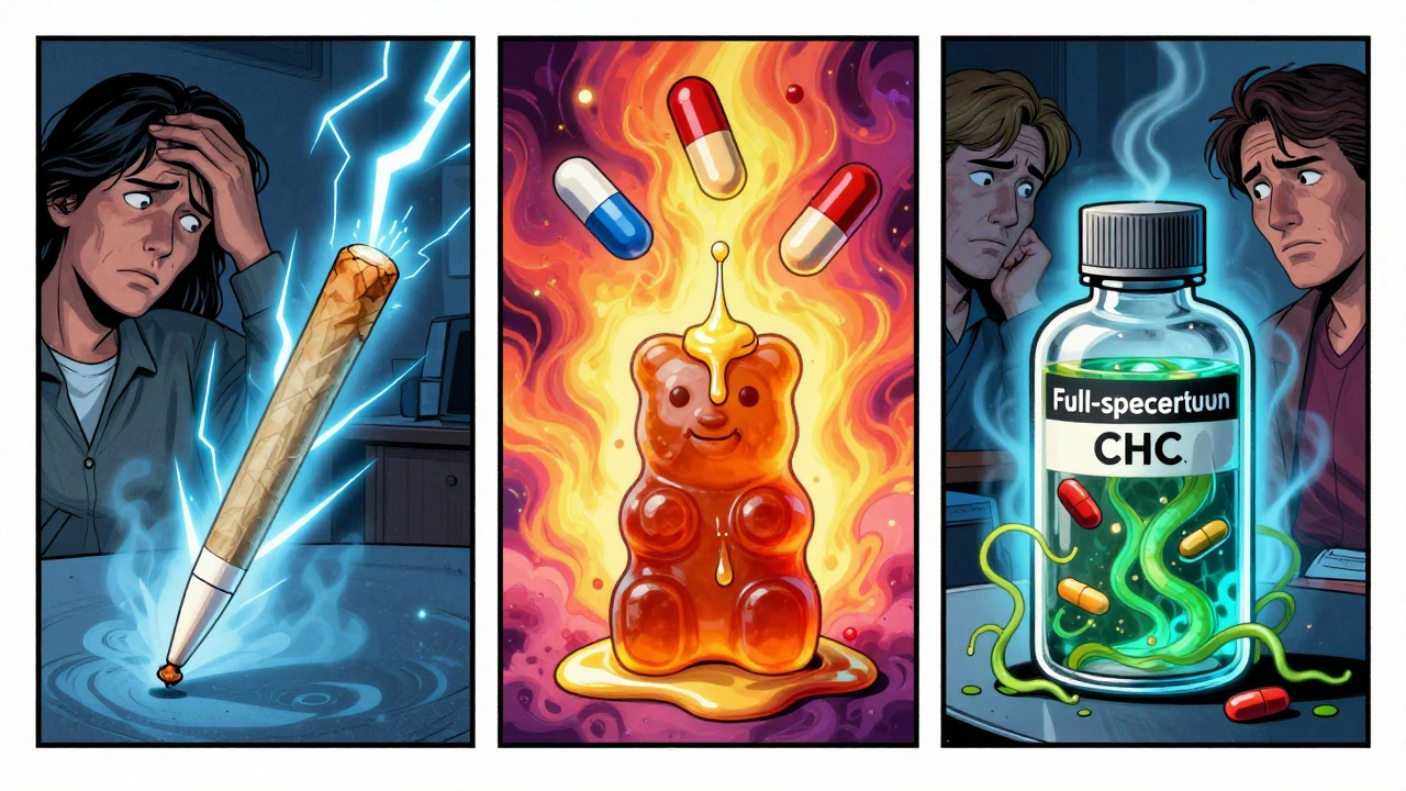 Three cannabis forms interacting dangerously with prescription pills in a psychedelic toxic haze.