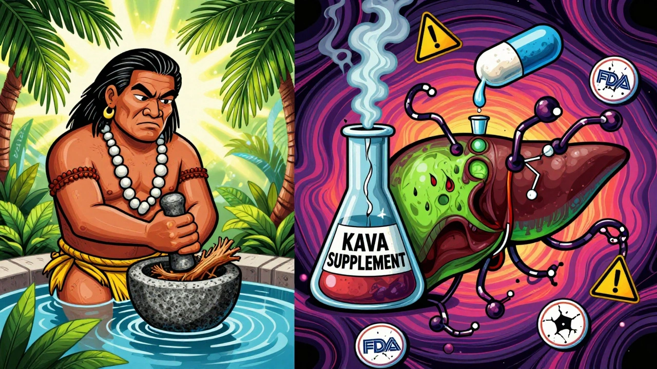 Traditional kava preparation vs. dangerous solvent extracts, shown in contrasting psychedelic cartoon scenes.