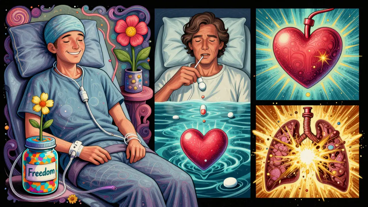 Two patients: one with a home drainage catheter and flowers growing, another taking heart meds, with talc binding lungs in cosmic dust.