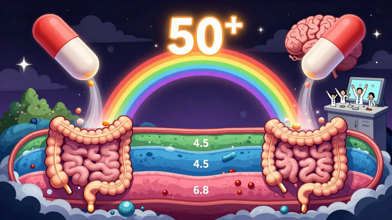 Two pills releasing active ingredients into a multi-pH digestive tract connected by a glowing f2 similarity curve.