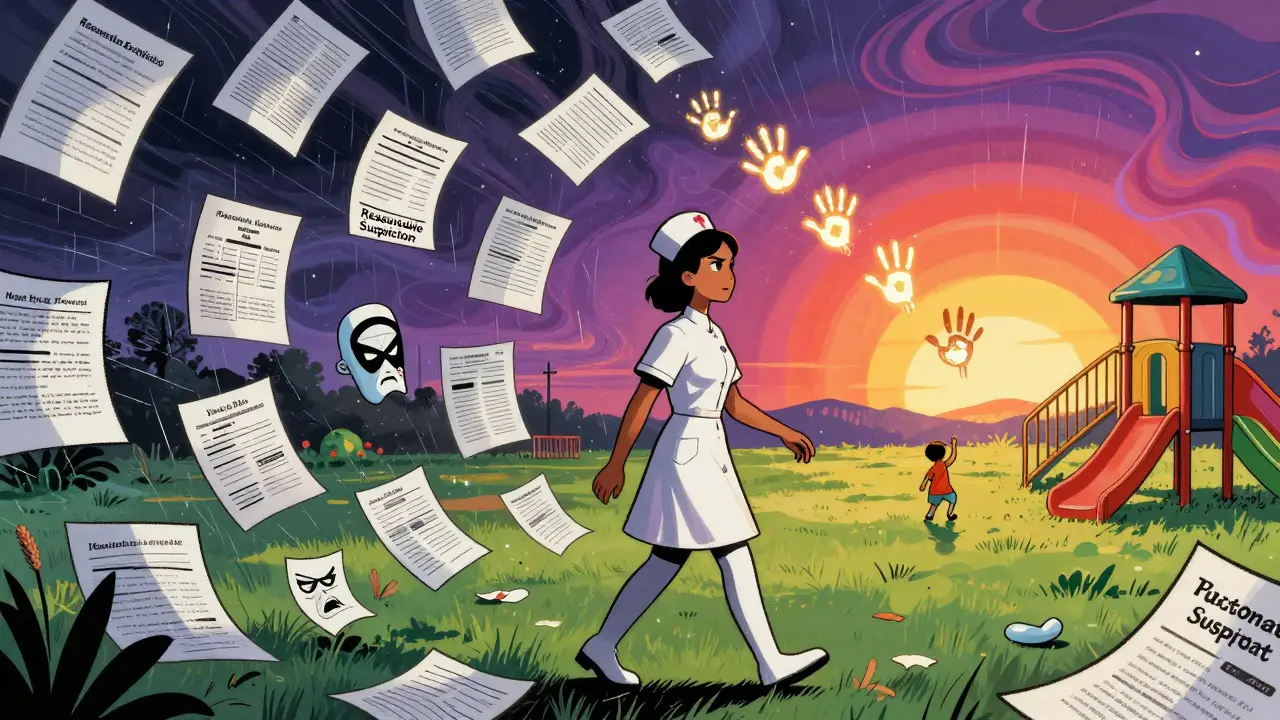 Whistleblower nurse walking through legal chaos toward a hopeful sunrise with glowing handprints.