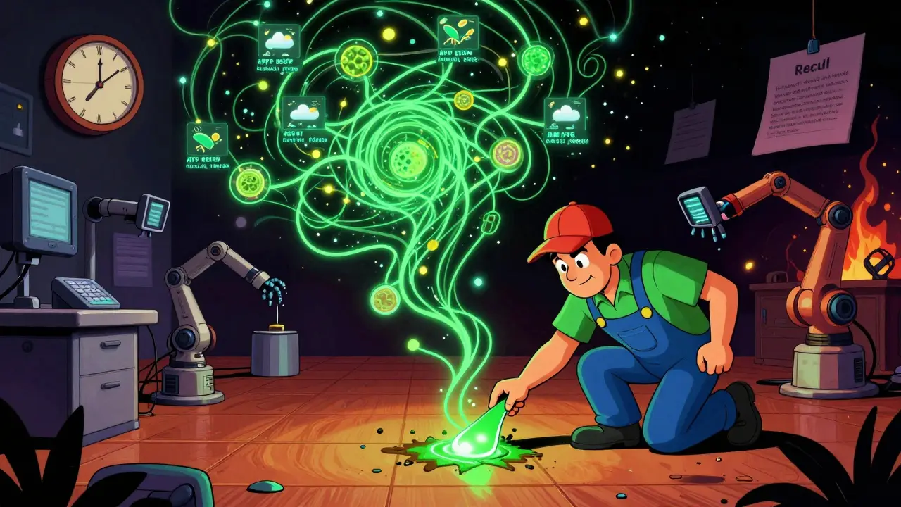 Worker testing floor with glowing swab as AI data streams connect contamination sources.