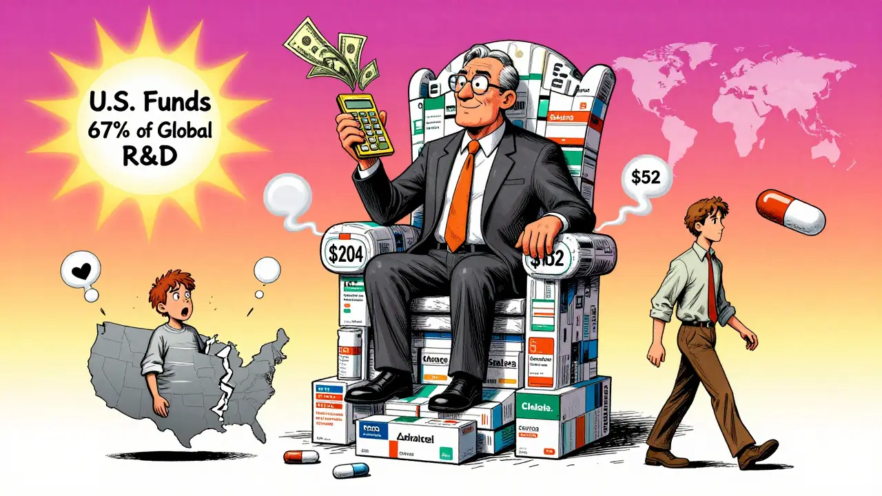 A CEO on a drug-box throne, U.S. and European patients facing wildly different prices, with global R&amp;D symbolism.