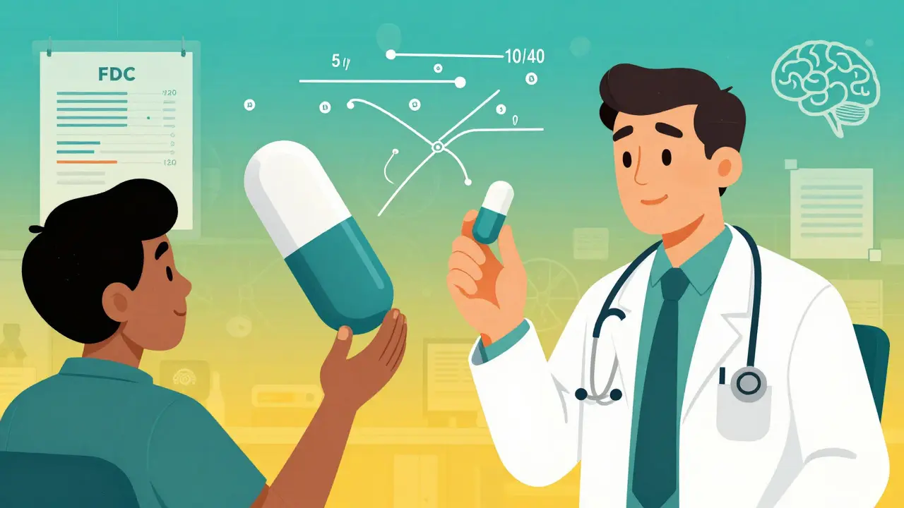 A doctor's office with a patient holding two separate pills while a ghostly fixed-dose combo hovers nearby.