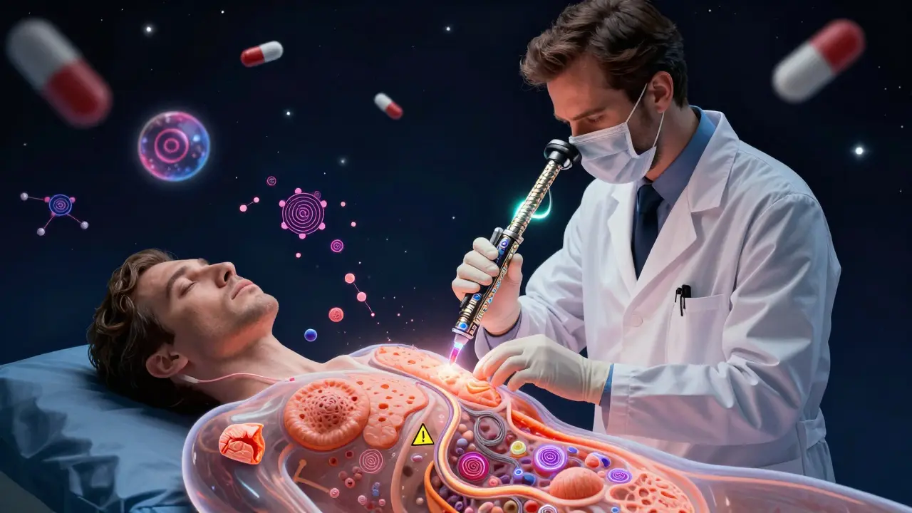 A doctor uses a glowing endoscope to reveal Barrett's tissue inside a transparent body, surrounded by molecular symbols in a starry night.