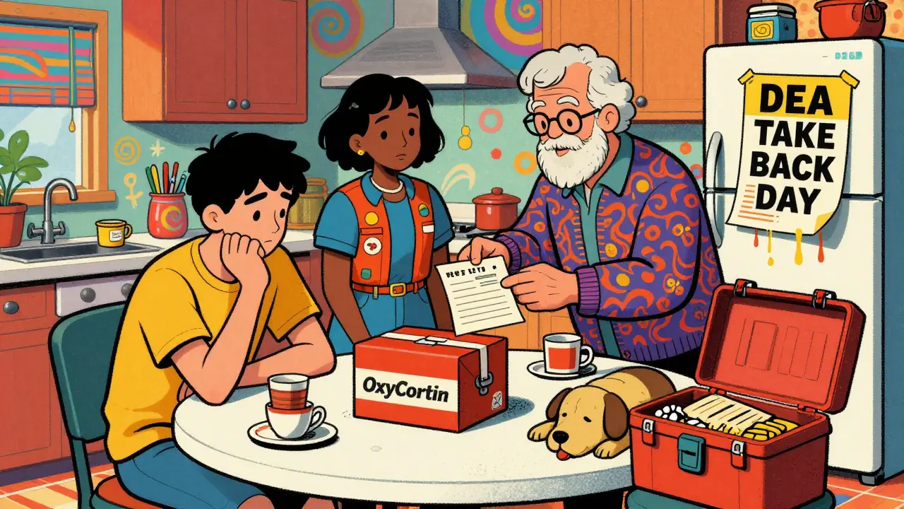 A family gathers around a table with a locked pill box and sticky note logs, surrounded by 70s-style psychedelic patterns.