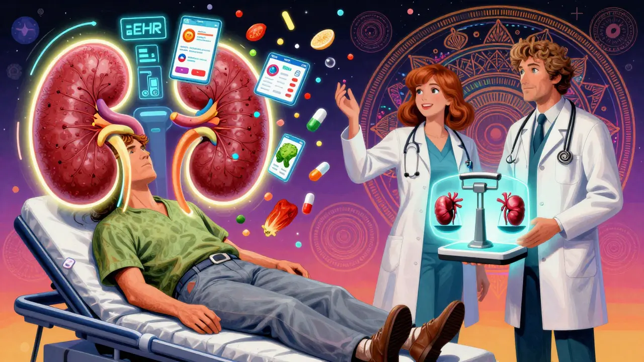 A futuristic clinic with digital alerts and potassium management tools raining down in psychedelic comic style.