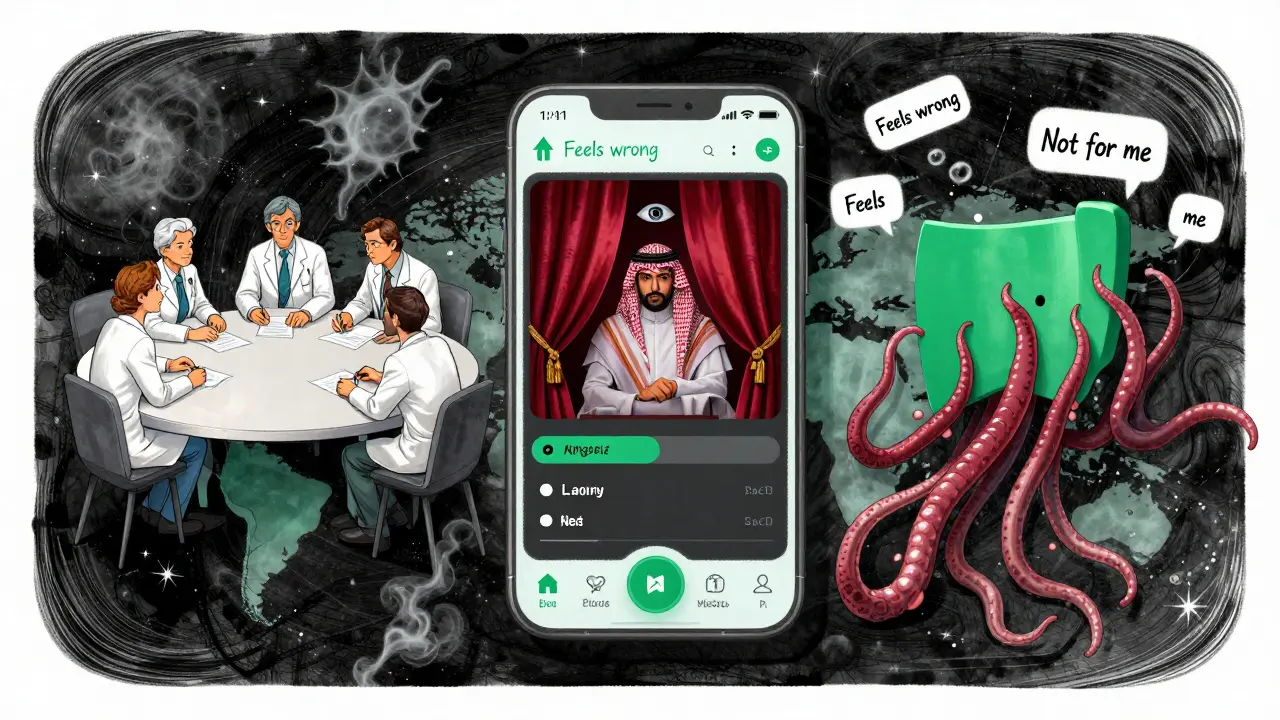 A health app transforming across Italy, Saudi Arabia, and Nigeria, with cultural reactions visualized as shifting interfaces and invasive tentacles.