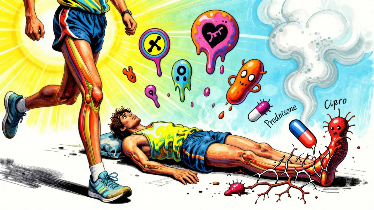 A healthy tendon splitting into a brittle wire being consumed by pill-shaped demons in psychedelic art style.