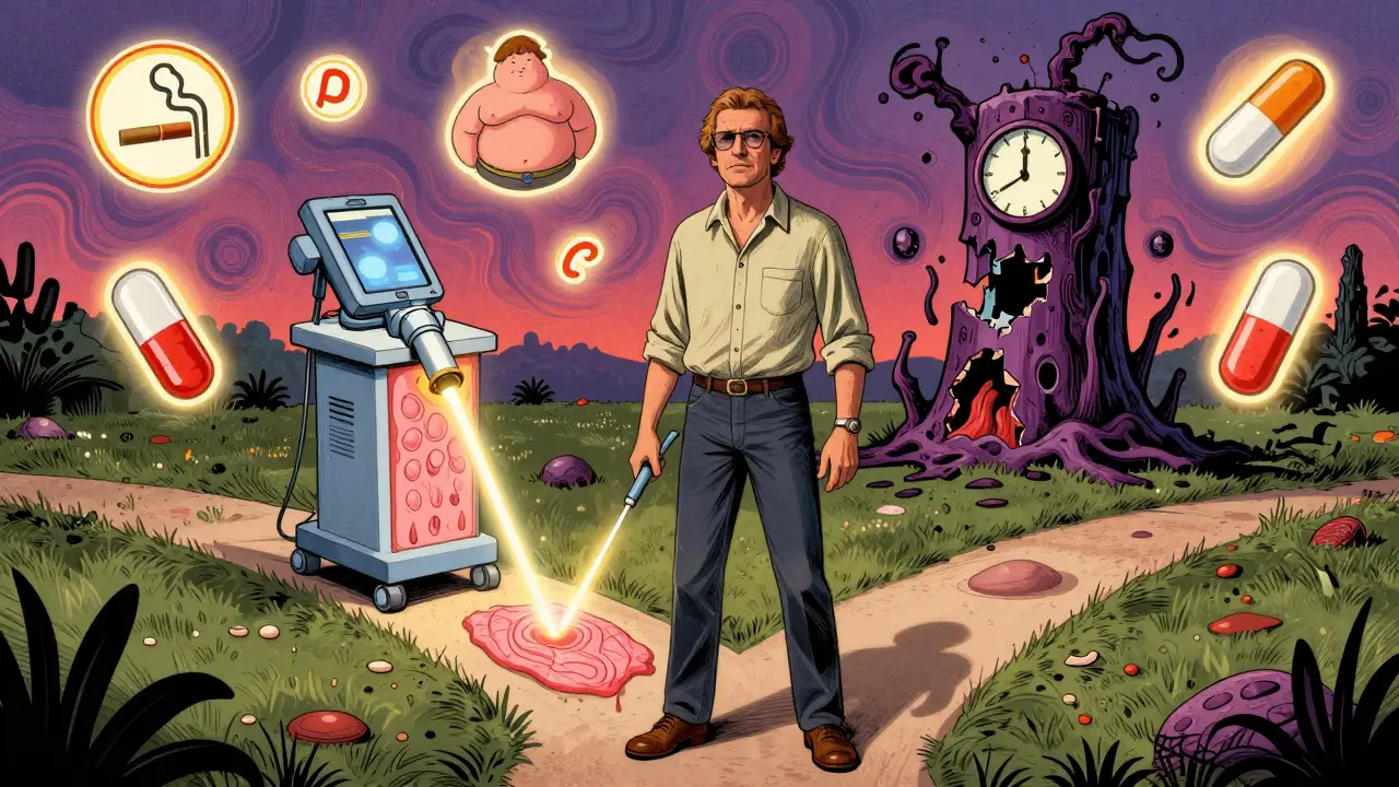 A man at a crossroads chooses between cancer and ablation, with lifestyle risk factors floating around him in psychedelic style.