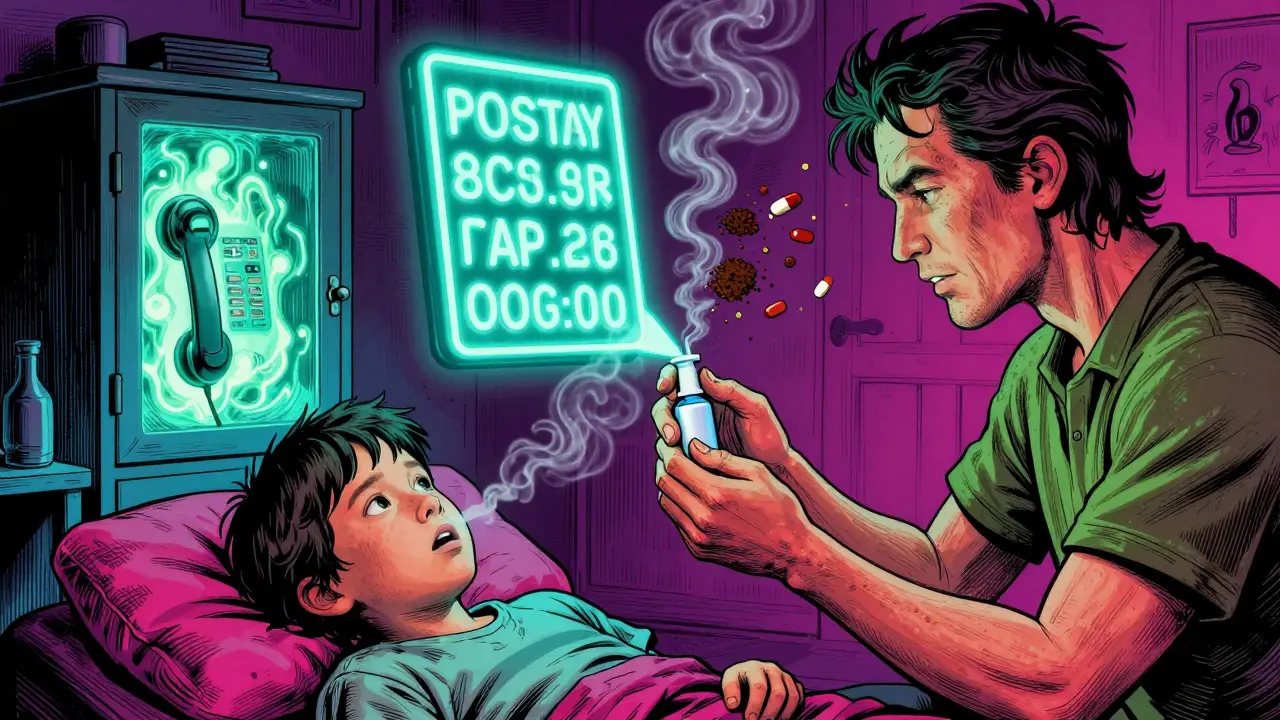 A parent administering naloxone to a child, with a glowing poison control number and locked cabinet in the background.