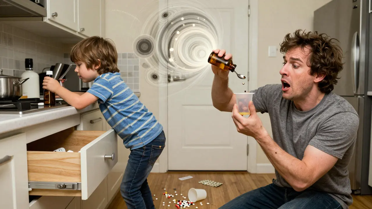 A parent using a kitchen spoon to measure medicine while a child climbs to reach a drawer full of pills.