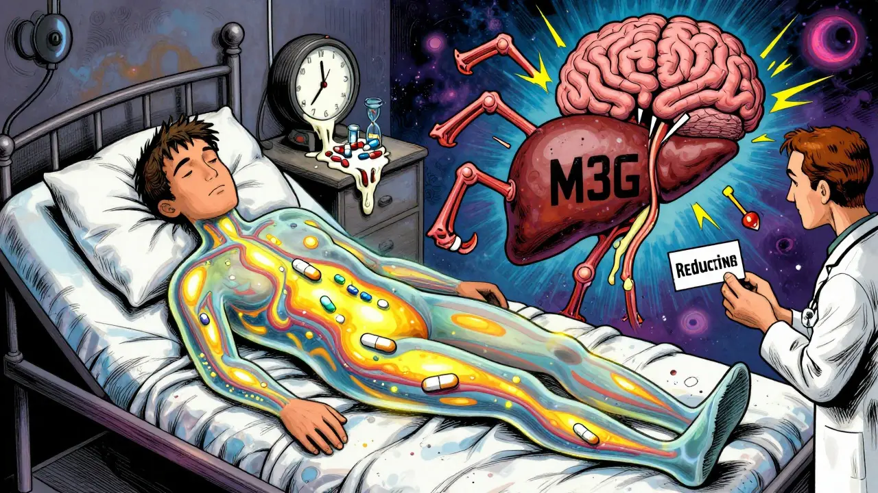 A patient's body glowing with accumulating opioid molecules, a toxic metabolite causing seizures, and a doctor holding a reduced dose sign.