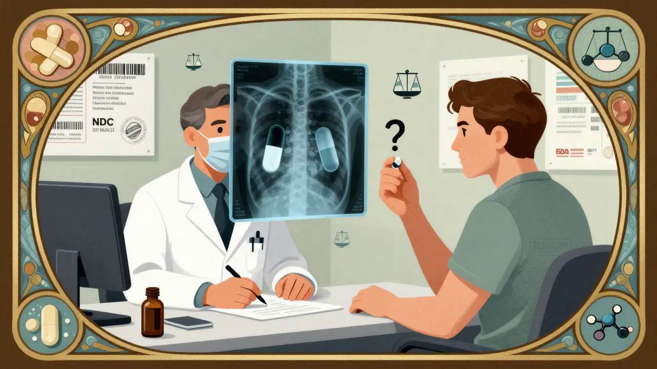 A patient and doctor examine a pill, with X-ray views showing identical medicine inside different-looking pills, surrounded by NDC codes and FDA stamps.