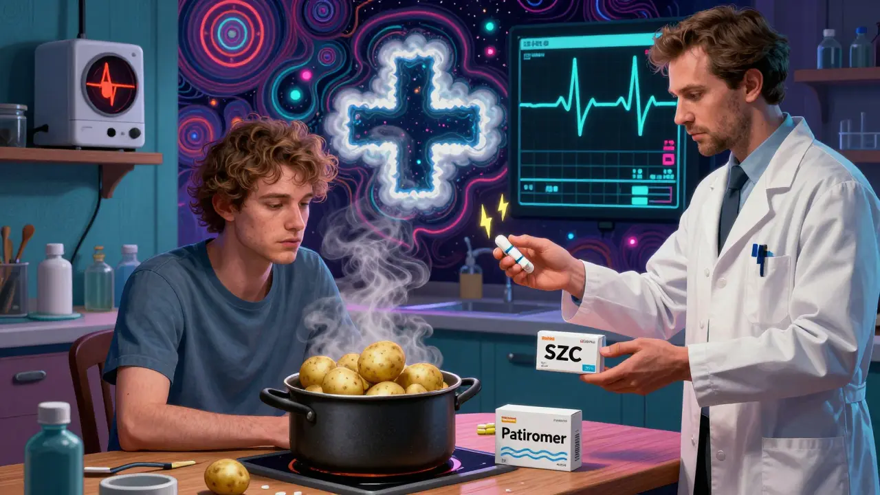 A patient boiling potatoes as medical binders appear as pills, with cardiac emergency and stable ECG on split background.