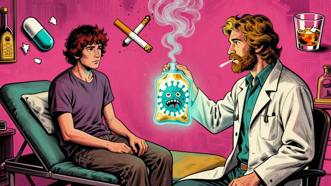 A patient taking a breath test as medical symbols and unhealthy habits dissolve into dust in a retro psychedelic style.