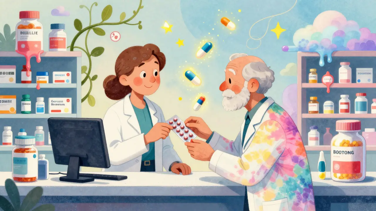 A pharmacist handing a blister pack to an older adult amid floating, animated pills and surreal medical symbols.