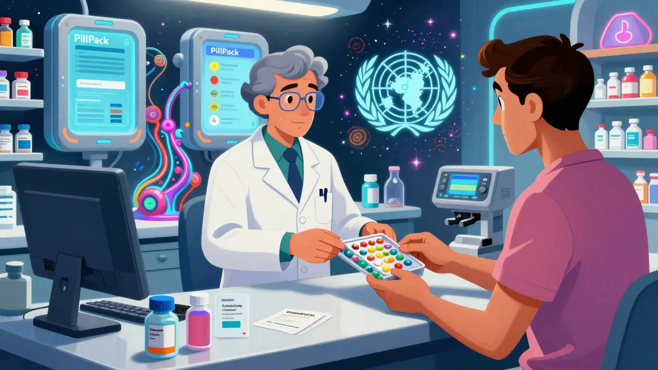 A pharmacist handing a patient a color-coded pill pack with floating reminders in a futuristic pharmacy.