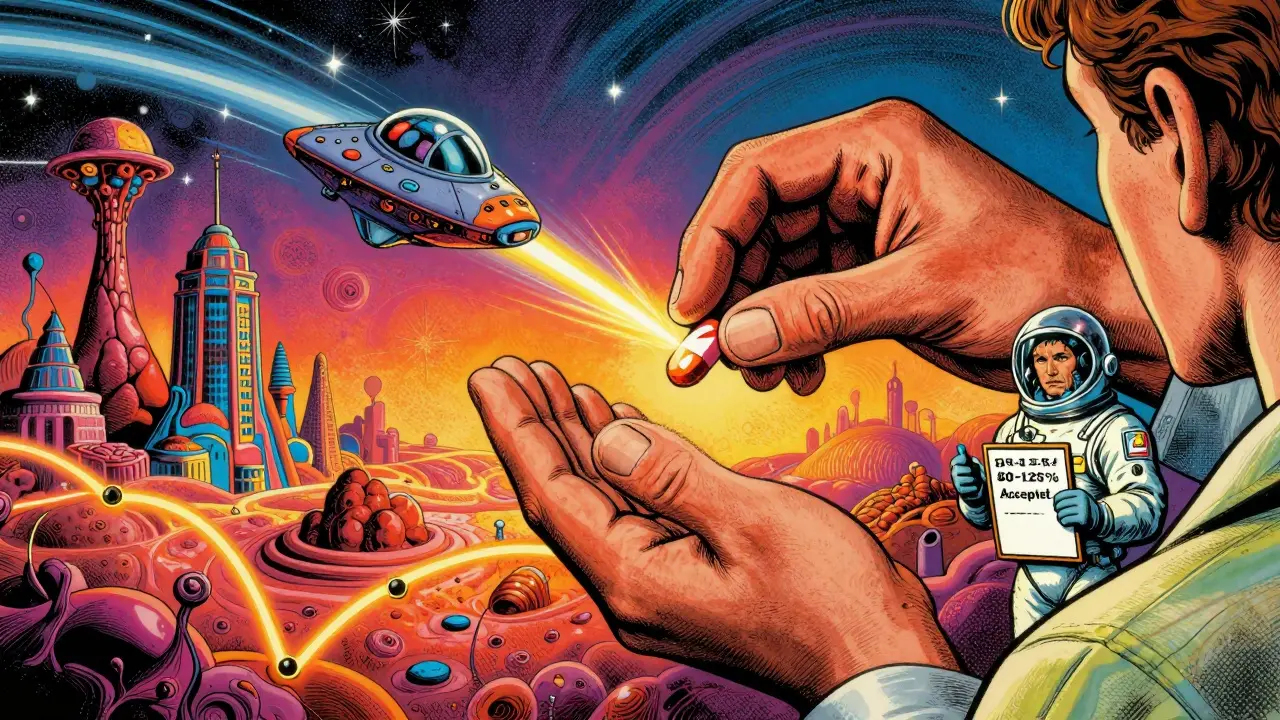 A pharmacist handing a pill that turns into a spaceship flying through a microscopic body with FDA inspector.