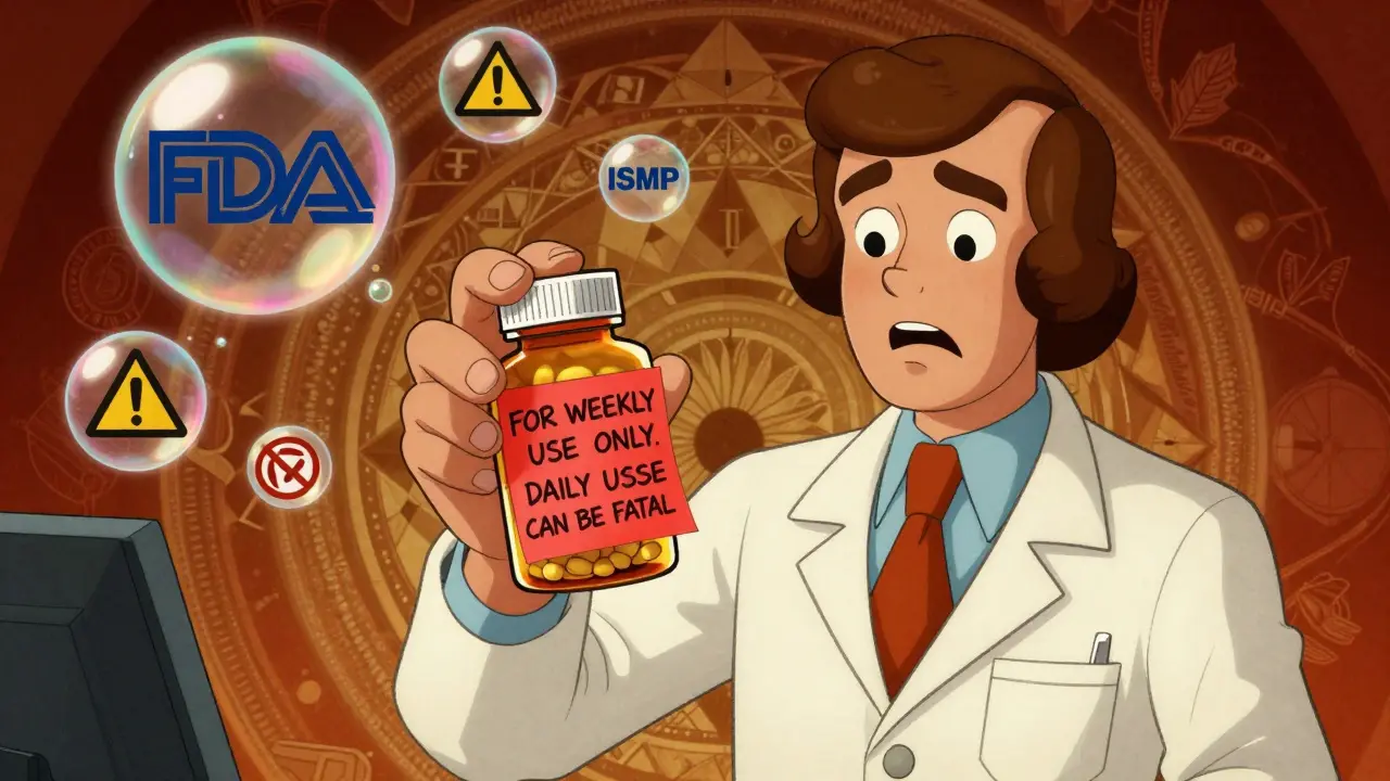 A pharmacist holding a pill bottle with a glowing red warning note, surrounded by medical icons in swirling patterns.