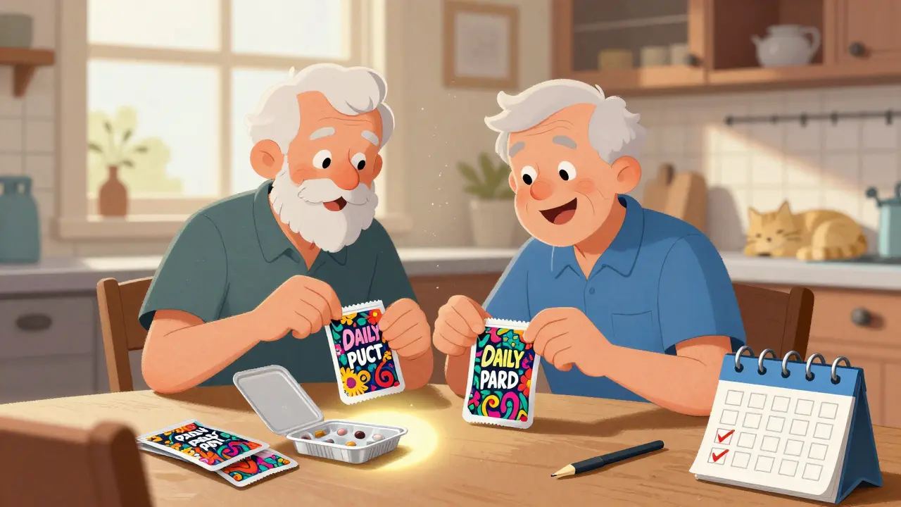 A senior and caregiver opening a daily pill pack together at a sunlit kitchen table.